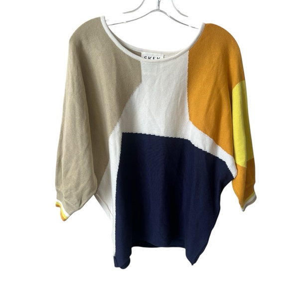 NWT SKFK Naike Multicolor Blue Cream Gold Batwing Cotton Sweater Medium Reg $109 - Picture 4 of 12